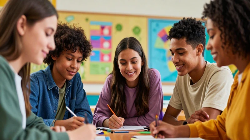 Estudiantes diversos aprenden en ambiente colorido y moderno