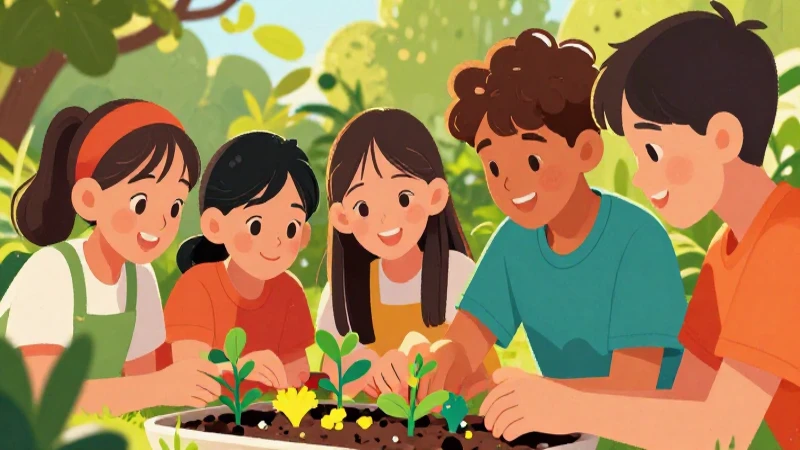 Niños sonrientes trabajan en un jardín colorido