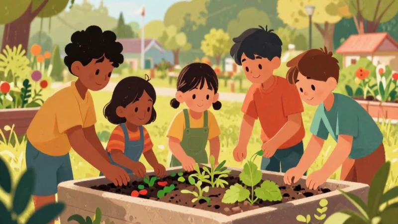 Niños colaboran en un jardín colorido