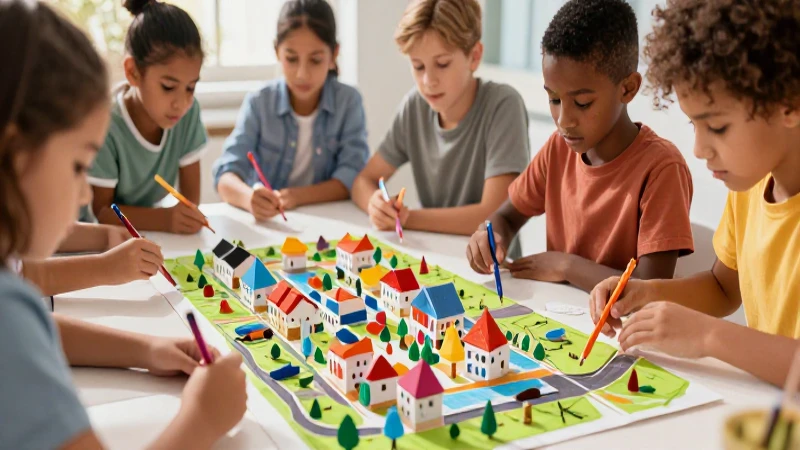 Niños construyen una comunidad colorida y juguetona