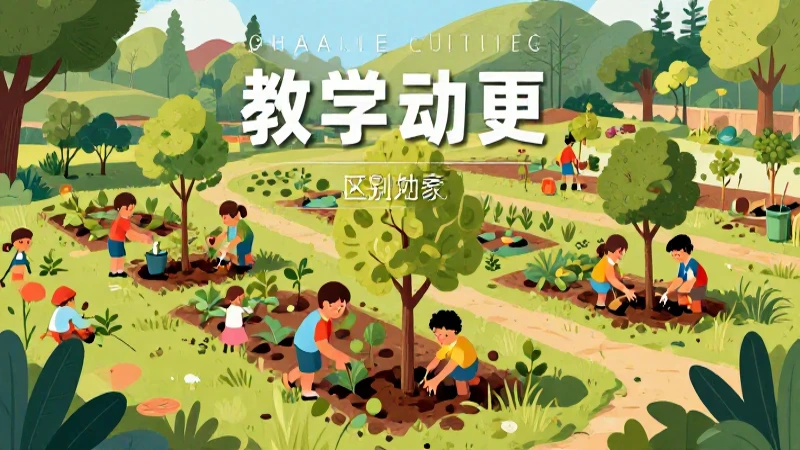 Niños plantan árboles en jardín colorido