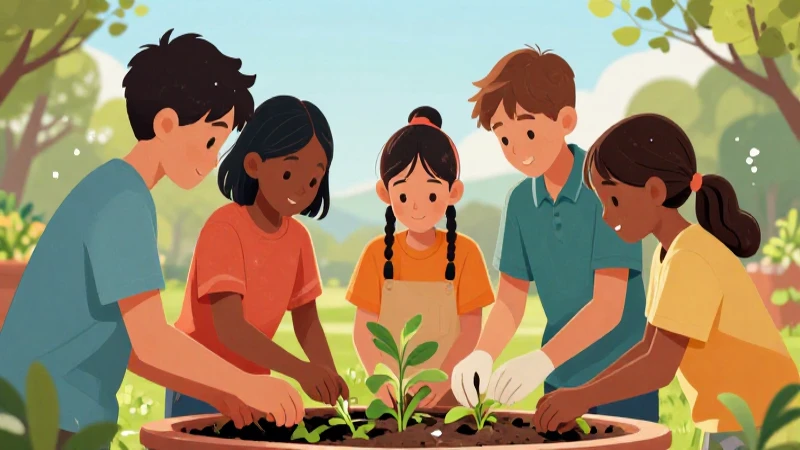 Niños colaboran en un jardín colorido y vibrante