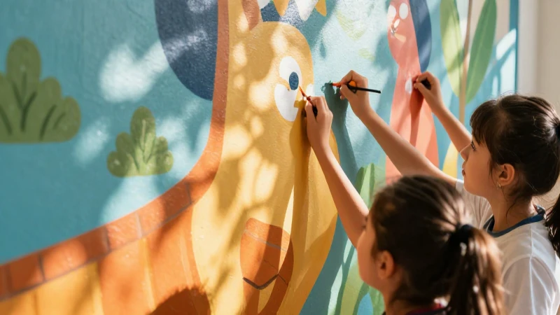 Niños pintan mural colorido con luz cálida