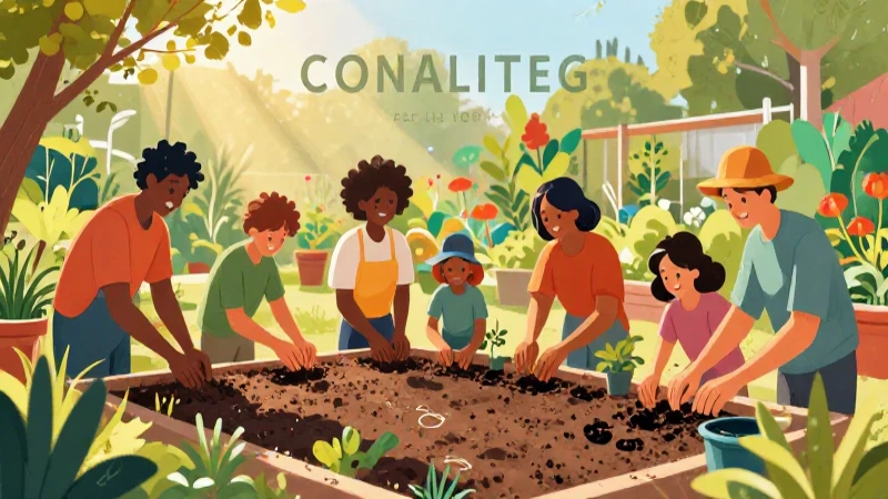 Jardín vibrante, comunidad plantando con alegría