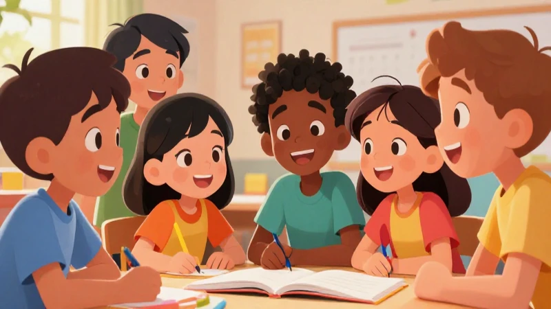Niños felices aprendiendo juntos colorida y claramente