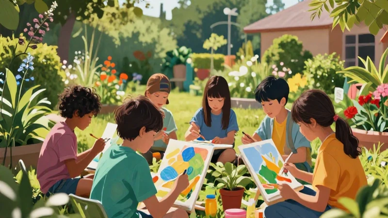 Niños pintan juntos un jardín colorido