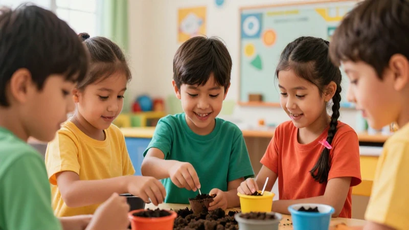 Niños plantan semillas en vibrante ilustración mexicana