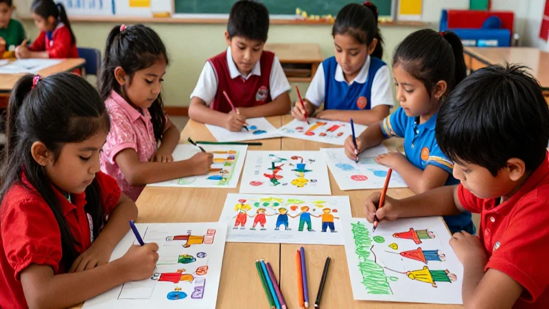 Niños dibujan escenas comunitarias con colores vibrantes