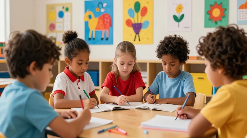 Aula llena de niños aprendiendo juntos