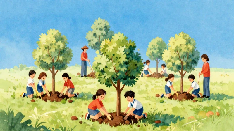 Niños plantan árboles bajo cielo azul vibrante