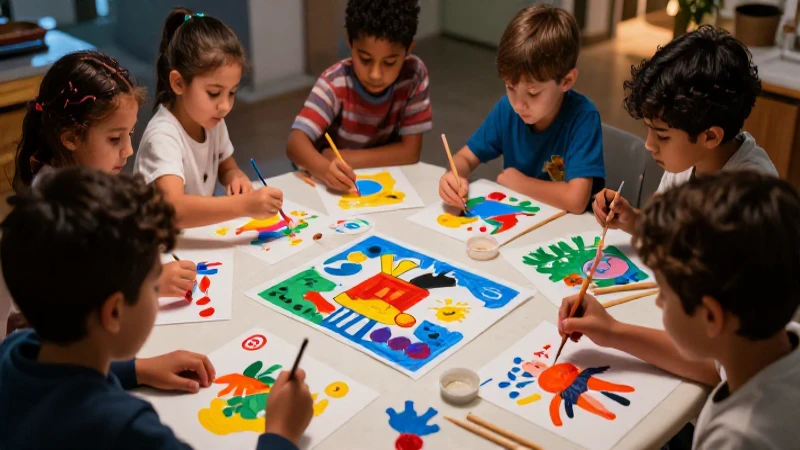 Niños pintan juntos en arte colorido