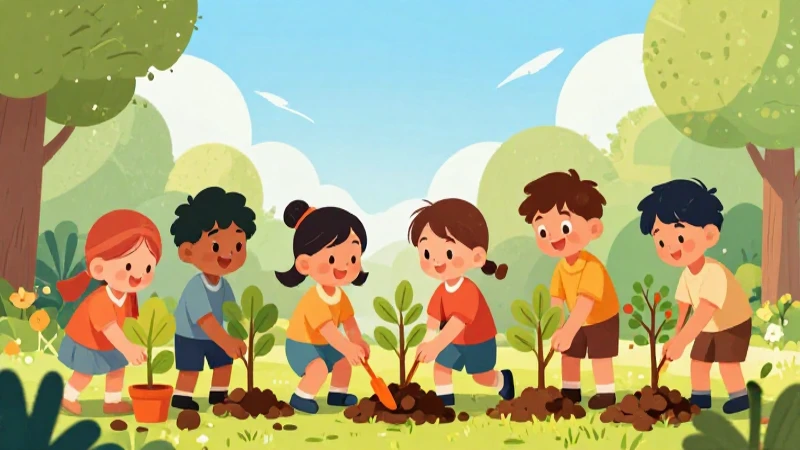 Niños diversos plantan árboles con alegría