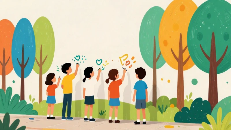 Niños pintan un mural colorido y didáctico