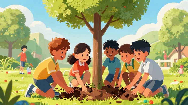 Niños plantan un árbol en escena soleada