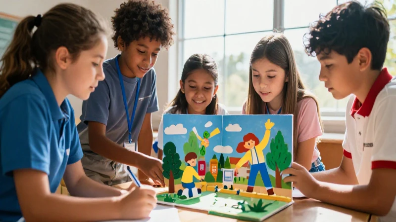 Niños crean maqueta colorida del servicio comunitario