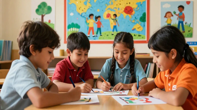Alumnos colaboran en clase con alegría