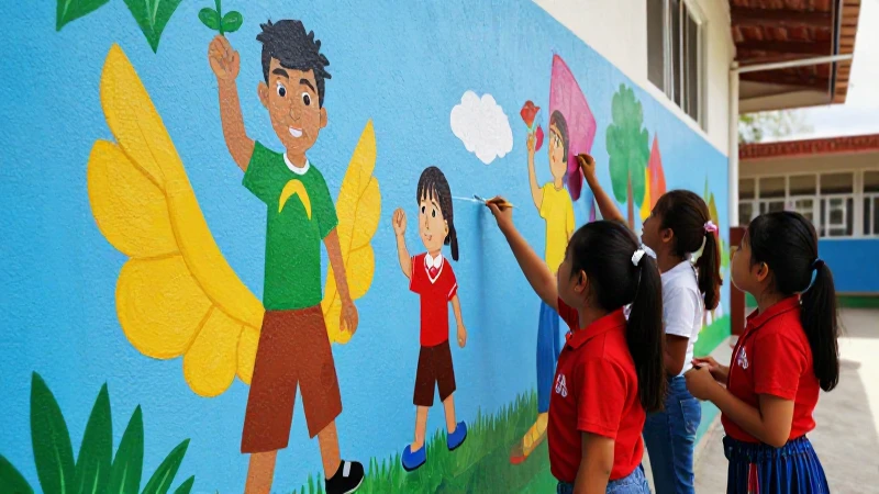 Niños pintan mural colorido en la escuela