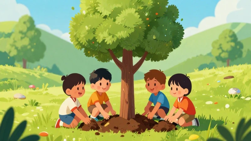 Ilustración vibrante de niños plantando un árbol