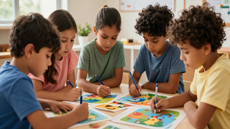 Niños colaboran en arte educativo colorido y detallado