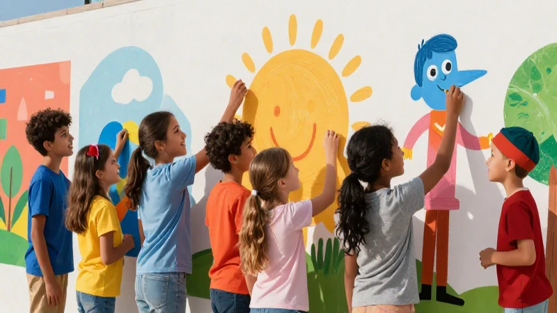 Niños crean mural colorido y alegre