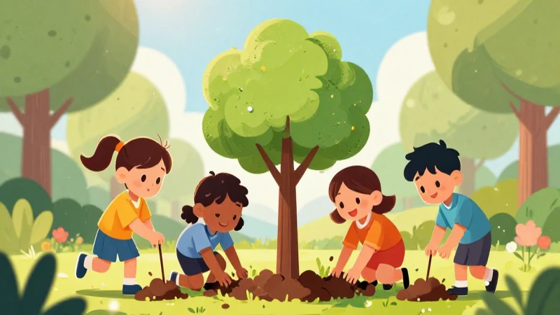Niños diversos plantan un árbol alegremente