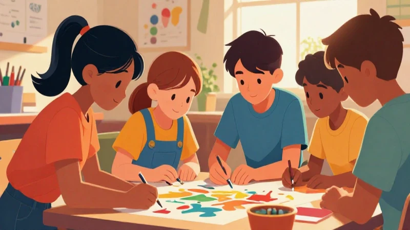 Niños colaboran en proyecto comunitario colorida y vibrante