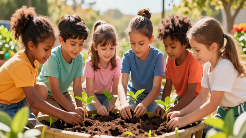 Niños plantan plántulas en un jardín colorido