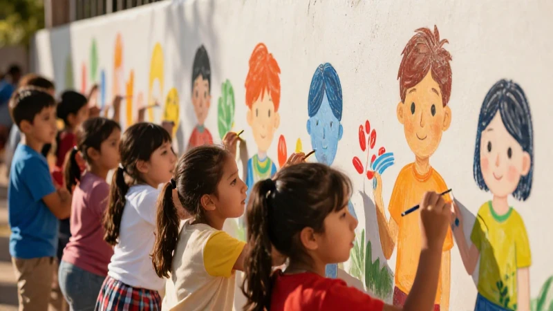 Niños pintan murales con colores vibrantes