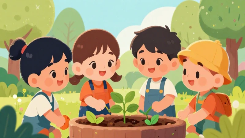 Niños colaboran felices en un jardín colorido