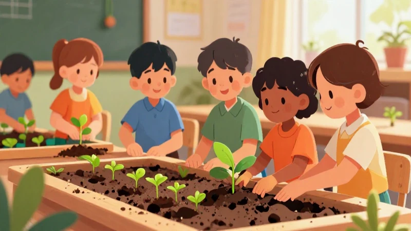 Niños plantan en jardín con colores cálidos