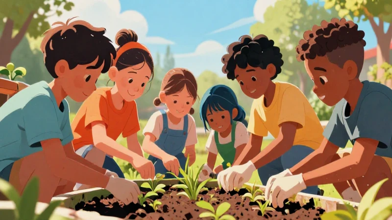 Niños diversos cultivan juntos en un jardín