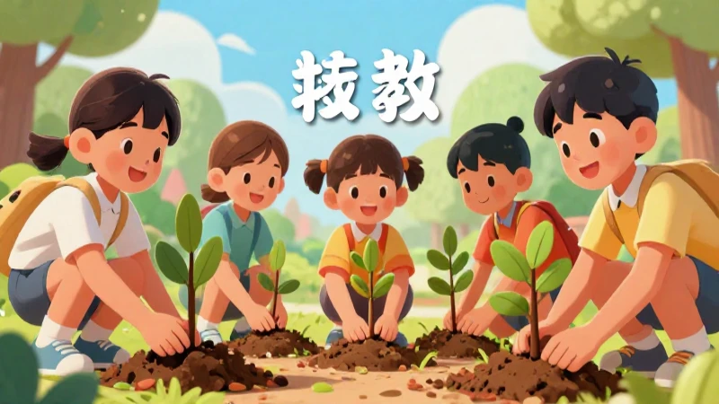 Niños plantan árboles en ilustración vibrante