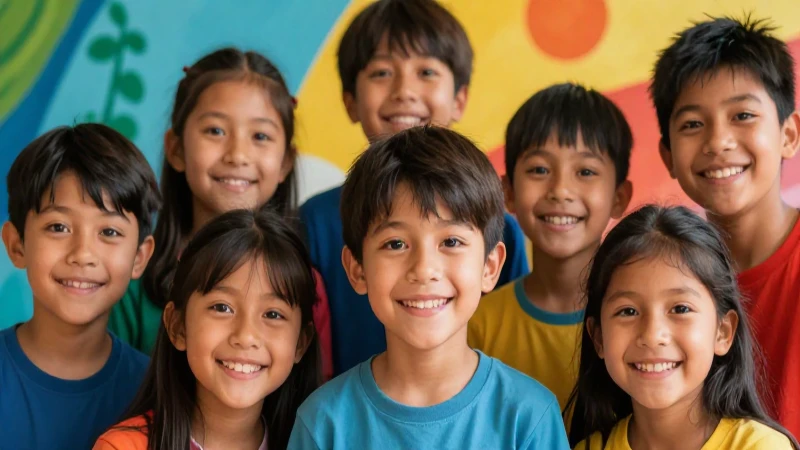 Niños sonrientes ante mural vibrante y educativo