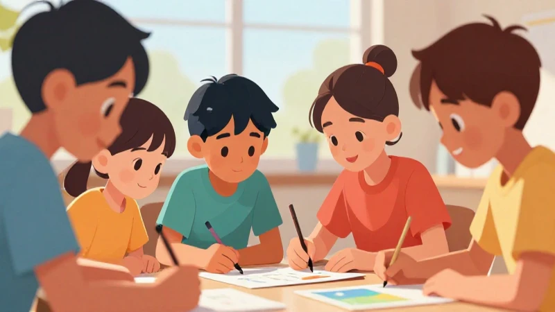 Niños colaborando en proyecto con colores vivos