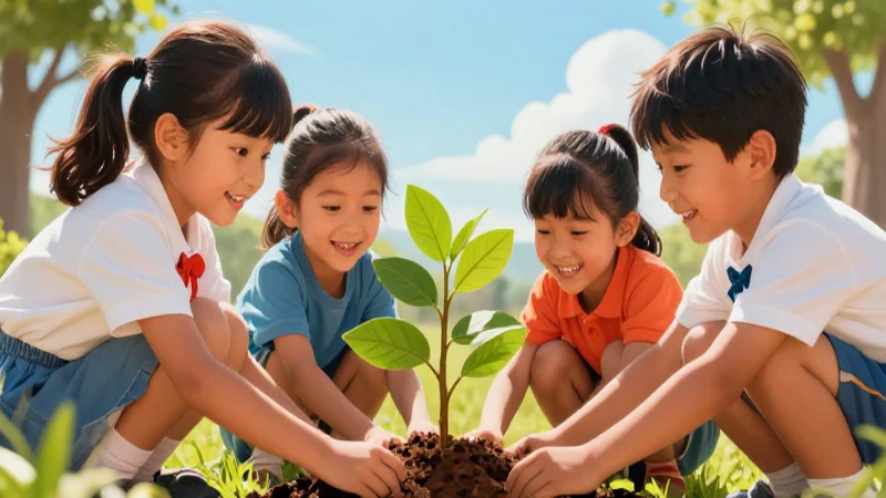 Niños plantan árboles en ilustración vibrante