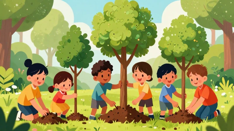 Niños plantan árboles en parque vibrante