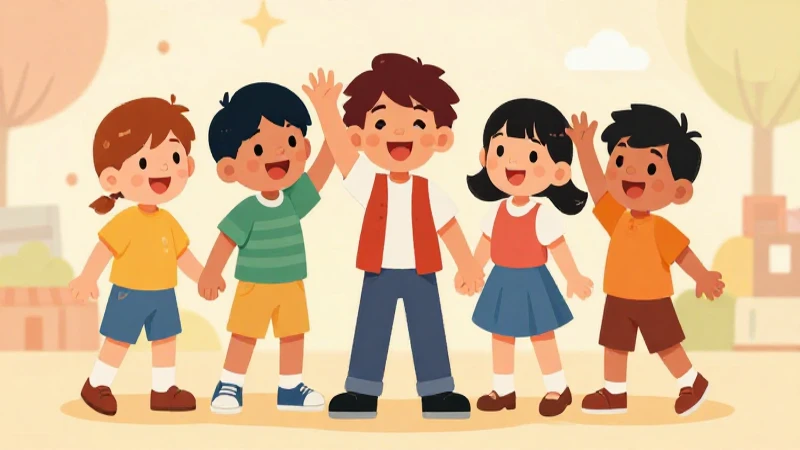 Niños felices colaboran en vibrante ilustración