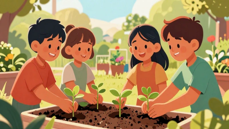 Niños plantando alegremente en un jardín educativo