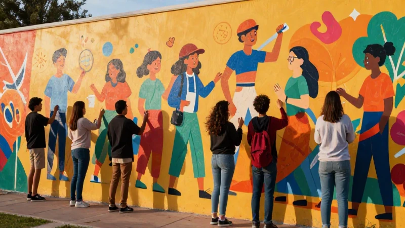 Mural educativo vibrante y colaborativo, estilo vectorial
