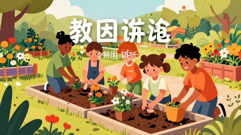 Jardín comunitario vibrante con niños sembrando flores