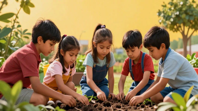 Niños plantan semillas en un jardín vibrante