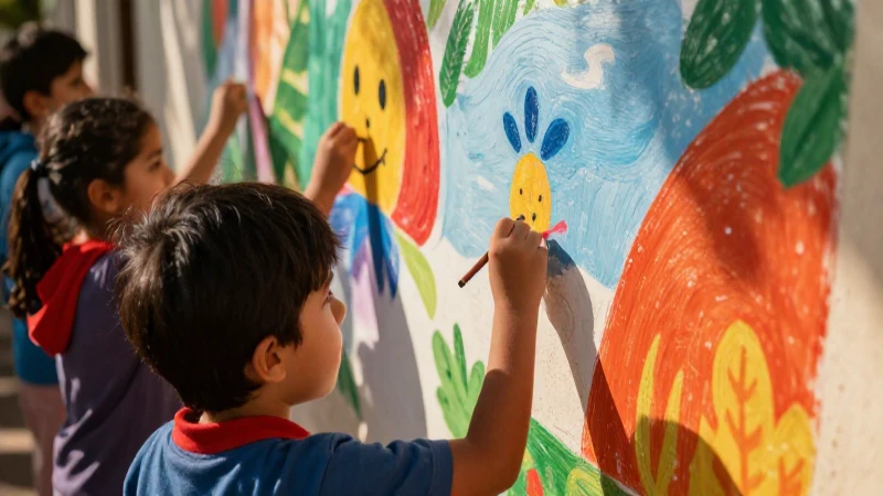 Niños pintan un mural luminoso y educativo