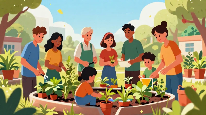 Ilustración vibrante muestra gente trabajando en comunidad