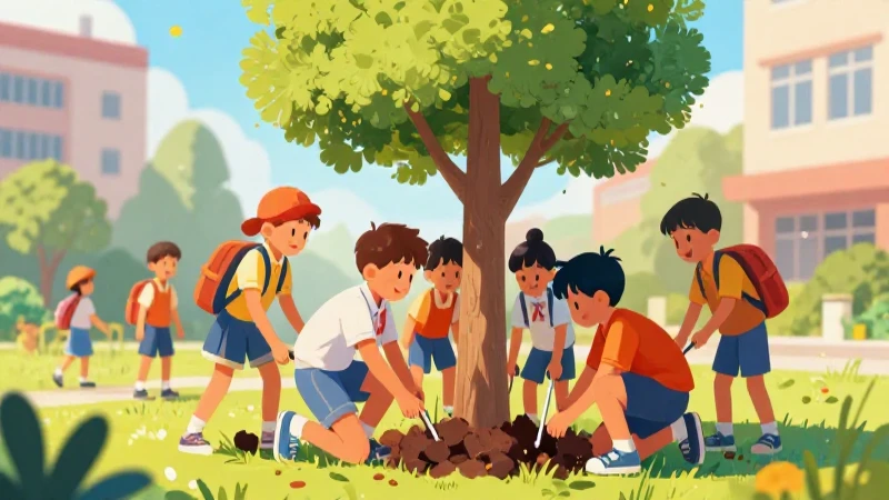 Niños plantan un árbol con arte educativo