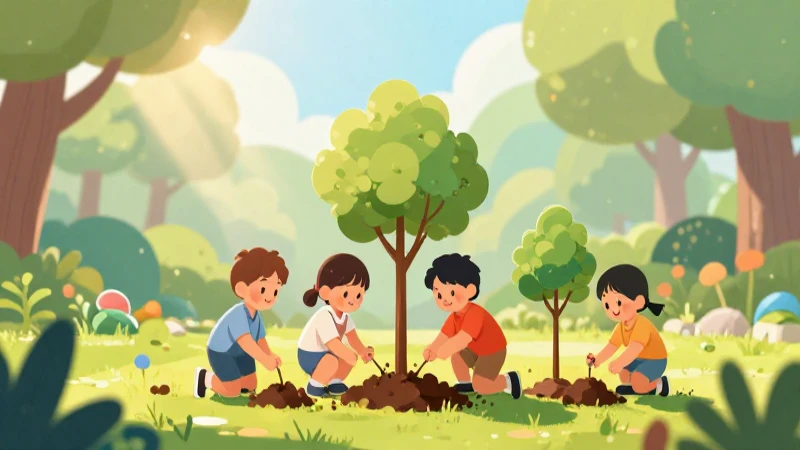 Niños plantan árboles en ilustración didáctica y brillante
