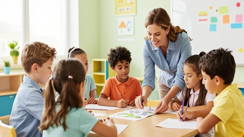 Niños colaboran felices en una clase colorida