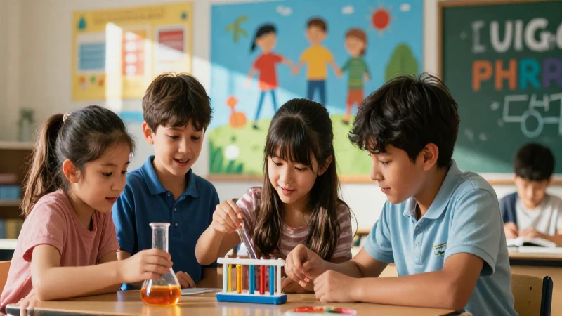 Niños alegres crean ciencia en aula luminosa