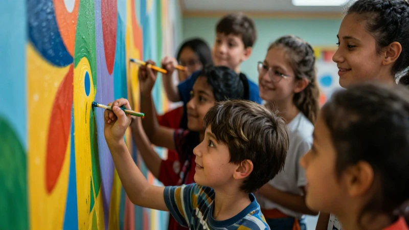 Niños pintan un mural colorido y educativo