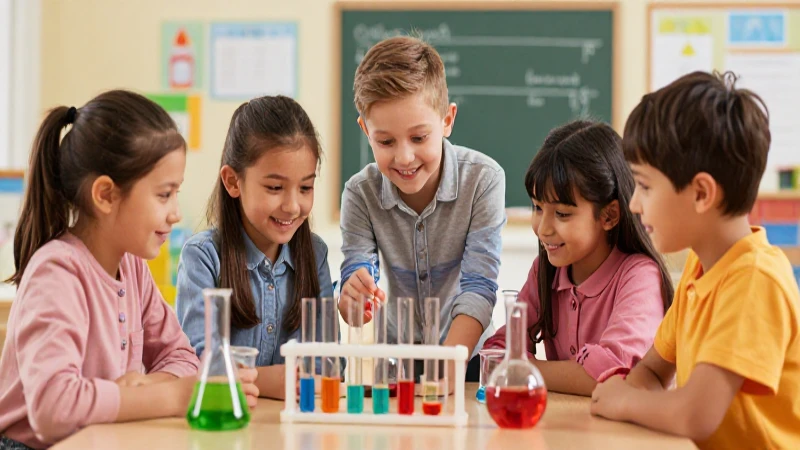 Ilustración vibrante muestra niños colaborando en ciencia