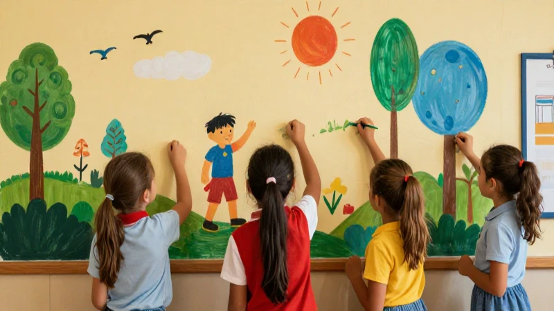 Niños ilustran un colorido mural educativo